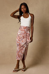Take A Walk With Me Rust Paisley Print Satin Wrap Midi Skirt