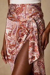 Take A Walk With Me Rust Paisley Print Satin Wrap Midi Skirt