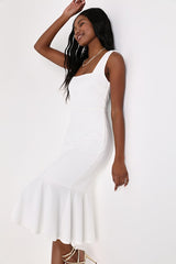 Moment Maker White Square Neck Trumpet Midi Dress