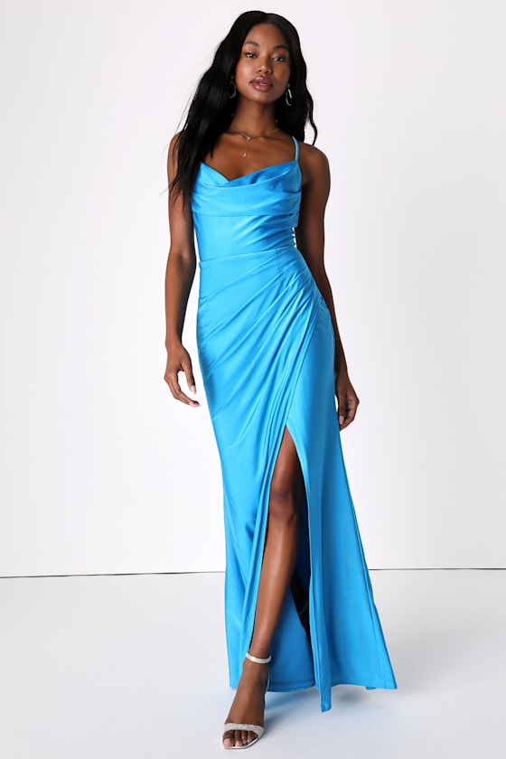 Attention Seeker Bright Blue Cowl Neck Maxi Dress