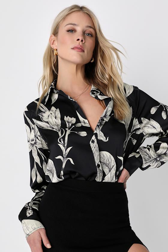 Stylish Update Black Floral Long Sleeve Button-Up Top