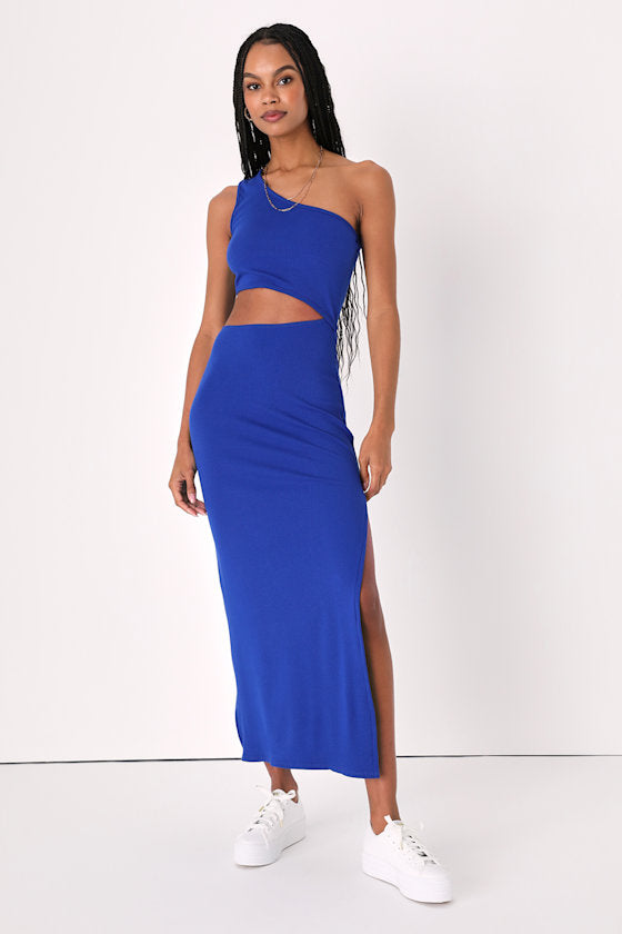 Spice Things Up Royal Blue Ribbed One-Shoulder Cutout Midi Dress