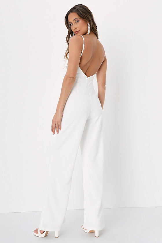 Stay Out Later White Backless Wide-Leg Jumpsuit