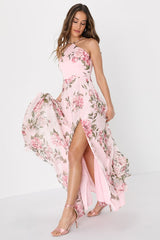 Romantic Marvel Pink Floral Print Halter Neck Maxi Dress