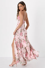Romantic Marvel Pink Floral Print Halter Neck Maxi Dress