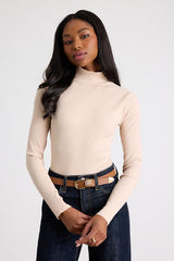 Wilde Beige Ribbed Long Sleeve Mock Neck Bodysuit