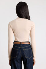 Wilde Beige Ribbed Long Sleeve Mock Neck Bodysuit