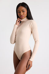 Wilde Beige Ribbed Long Sleeve Mock Neck Bodysuit