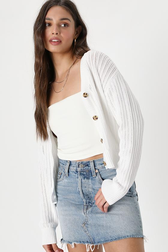 Fresh Feeling White Open Knit Button-Up Cardigan Sweater