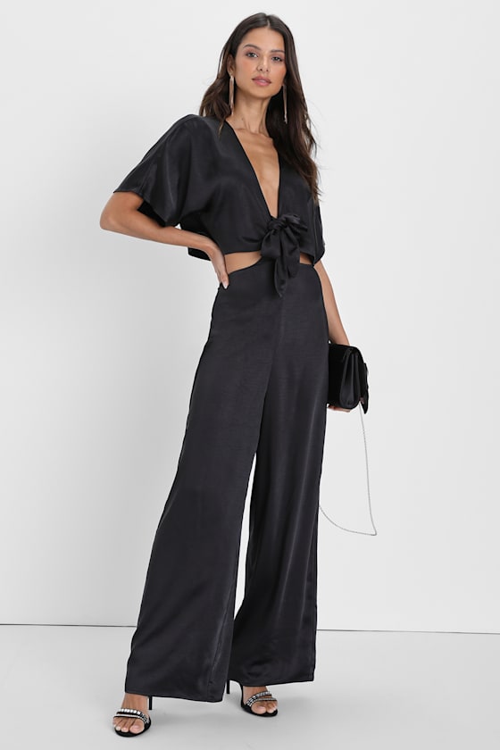 Flirt For Fun Black Tie-Front Two-Piece Wide-Leg Jumpsuit
