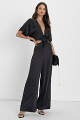 Flirt For Fun Black Tie-Front Two-Piece Wide-Leg Jumpsuit