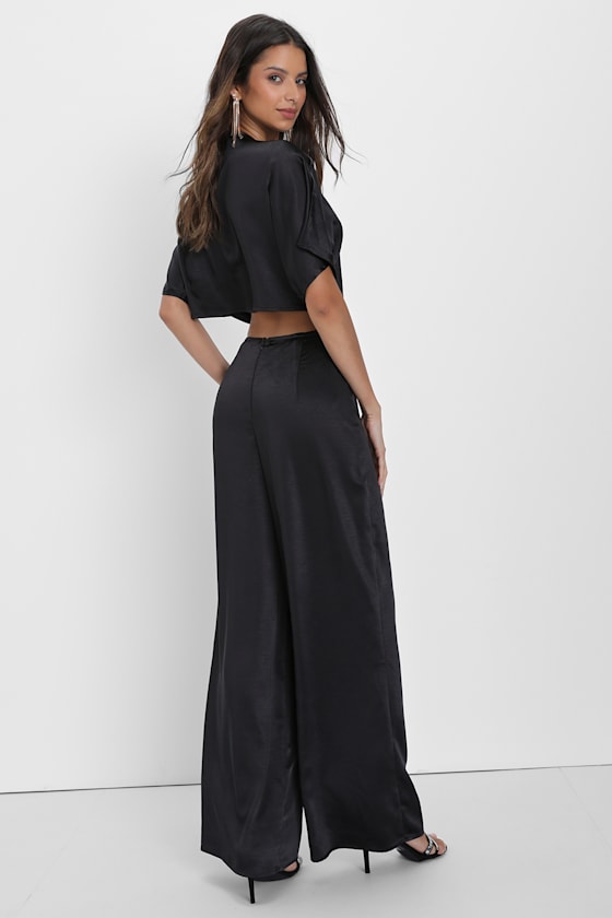 Flirt For Fun Black Tie-Front Two-Piece Wide-Leg Jumpsuit
