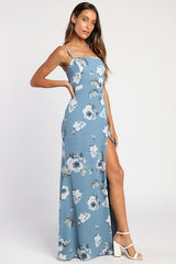 Feeling Elegant Slate Blue Floral Print Lace-Up Slit Maxi Dress