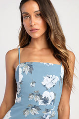 Feeling Elegant Slate Blue Floral Print Lace-Up Slit Maxi Dress