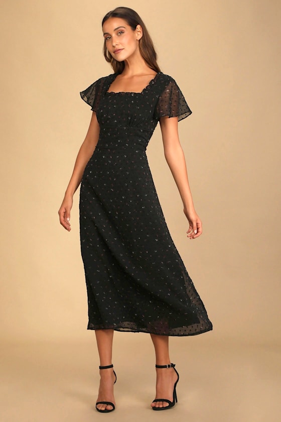 So Kiss Me Black Floral Print Swiss Dot Maxi Dress