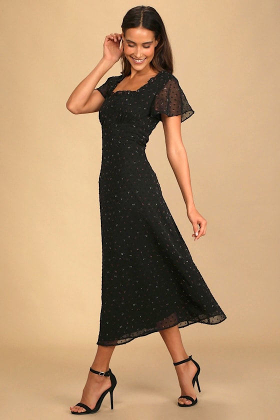 So Kiss Me Black Floral Print Swiss Dot Maxi Dress