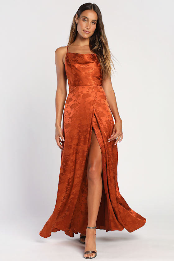 Simply Dreamy Rust Orange Satin Floral Jacquard Maxi Dress