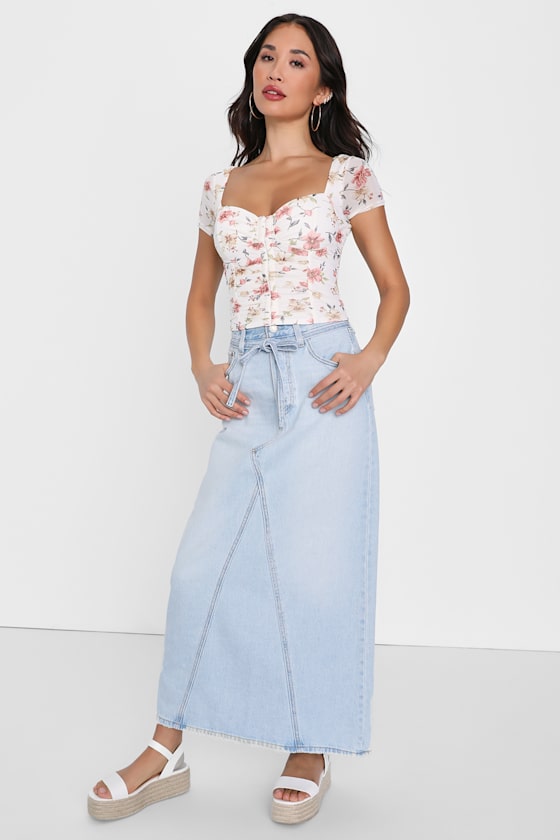 Sweeter Vibes Ivory Floral Mesh Short Sleeve Bustier Crop Top