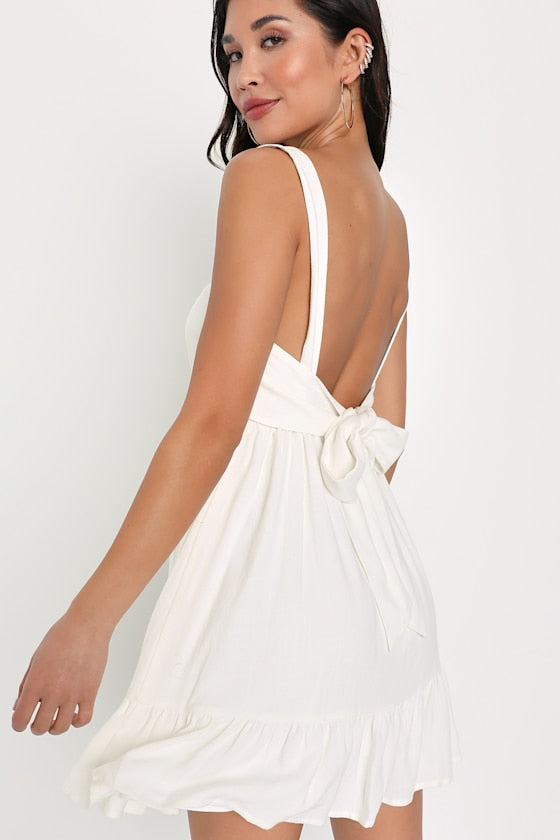 Darling Perfection White Tiered Tie-Back Mini Skater Dress