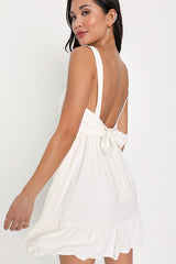 Darling Perfection White Tiered Tie-Back Mini Skater Dress