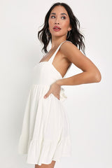 Darling Perfection White Tiered Tie-Back Mini Skater Dress