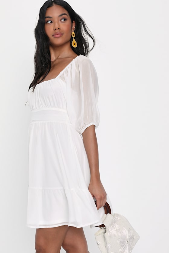 Ethereal Arrival White Puff Sleeve Tie-Back Chiffon Mini Dress