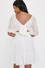 Ethereal Arrival White Puff Sleeve Tie-Back Chiffon Mini Dress