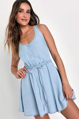 Charming Presence Light Blue Chambray Mini Dress With Pockets