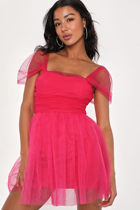 Effortlessly Remarkable Pink Tulle Off-the-Shoulder Mini Dress