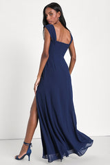 Magical Magnetism Navy Blue Off-the-Shoulder Maxi Dress
