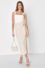 Breezy Personality Beige Linen Midi Wrap Skirt