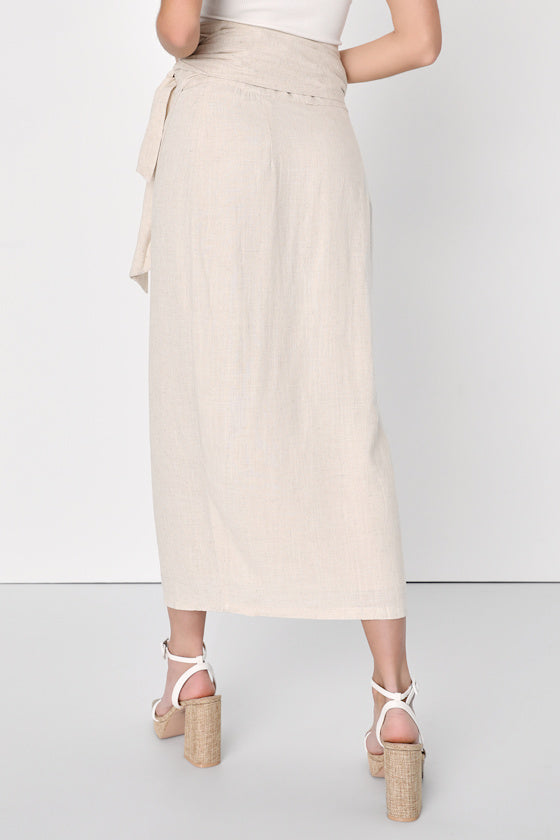 Breezy Personality Beige Linen Midi Wrap Skirt