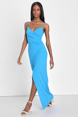 Sweetest Admirer Blue Ruched Surplice Maxi Dress