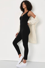 Chic Leisure Black Ribbed Knit Sleeveless Notched Jumpsuit