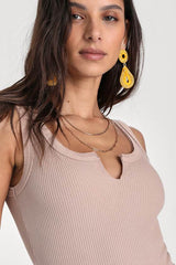 Stylish Perception Beige Ribbed Notched Tank Top
