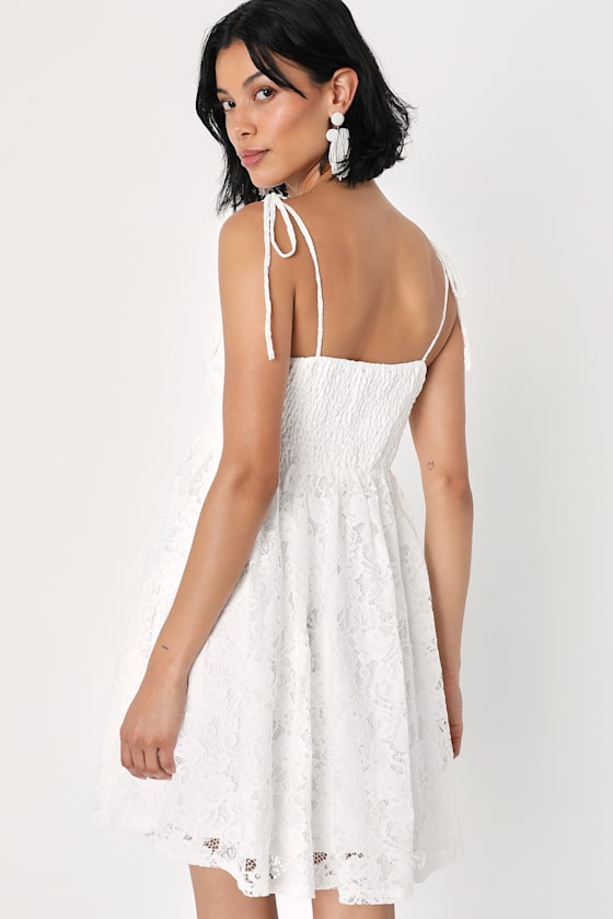 Angelic Admiration White Lace Tie-Shoulder Babydoll Mini Dress