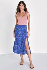 Flirtatious Aura Royal Blue Floral Print Midi Skirt