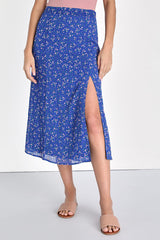 Flirtatious Aura Royal Blue Floral Print Midi Skirt