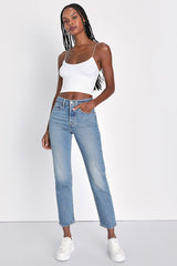 Wedgie Straight Fade Medium Wash High-Rise Cropped Jeans