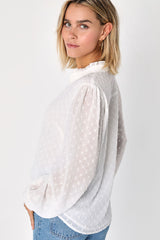 Delightful Charm White Swiss Dot Button-Up Long Sleeve Top