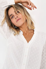 Delightful Charm White Swiss Dot Button-Up Long Sleeve Top