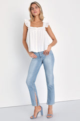 Angelic Sweetie White Ruffled Embroidered Button-Front Top