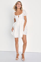 Exceptionally Angelic White Floral Puff Sleeve Mini Dress