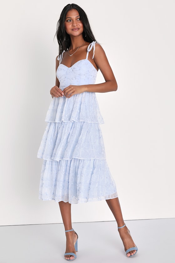 Vineyard Visit Blue Embroidered Tie-Strap Tiered Midi Dress