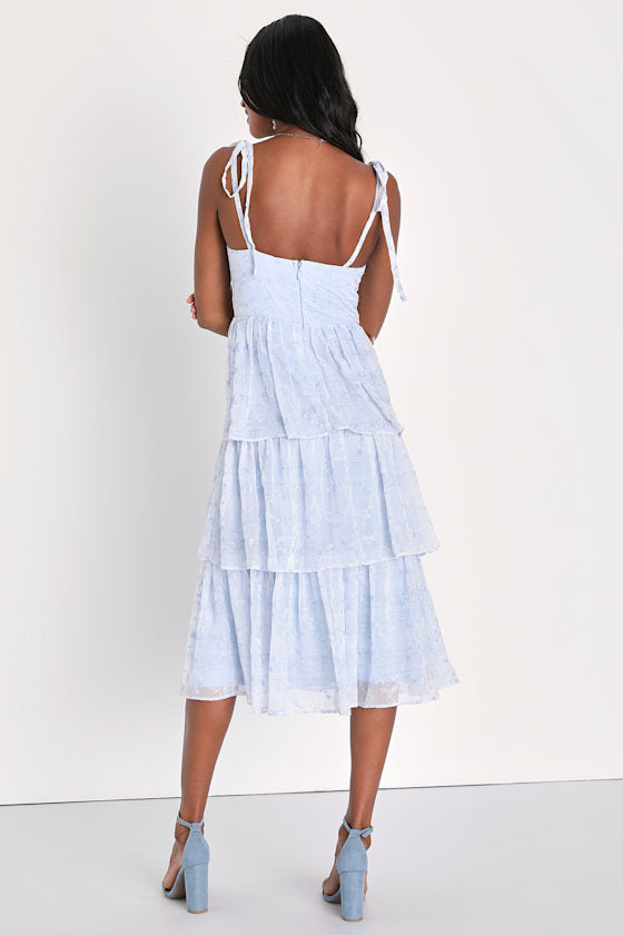 Vineyard Visit Blue Embroidered Tie-Strap Tiered Midi Dress