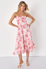 Lovely Radiance Blush Pink Floral Halter Tiered Midi Dress