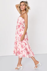 Lovely Radiance Blush Pink Floral Halter Tiered Midi Dress