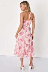 Lovely Radiance Blush Pink Floral Halter Tiered Midi Dress