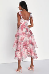 Playfully Posh Blush Floral Organza Tie-Strap Tiered Midi Dress