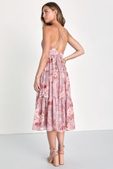 Lovely Energy Mauve Floral Print Tiered Backless Midi Dress